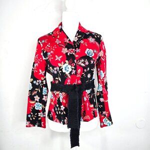 Vintage Anne Carson Red Floral Asian Japanese Cherry Blossoms Belted Blazer